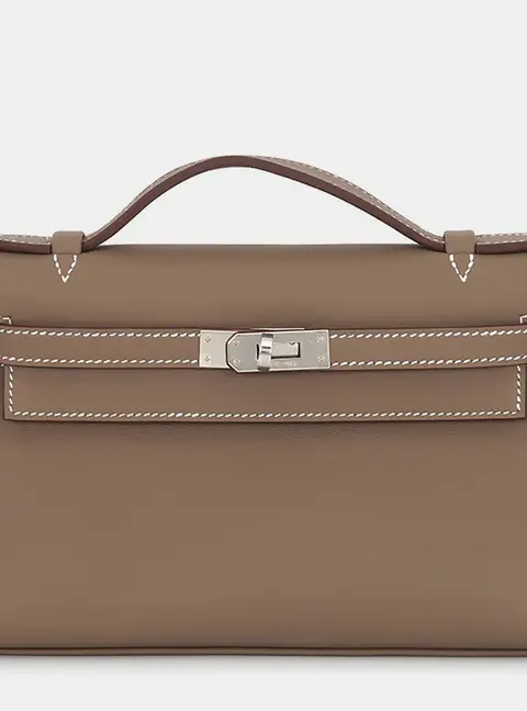 Hermes Pochette Kelly Etoupe Swift Leather Top Handle Bag