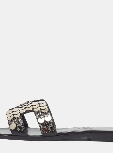 Herm&egrave;s Oran Size 36.5 Black Leather Clou De Selle Embellished Flat Slide