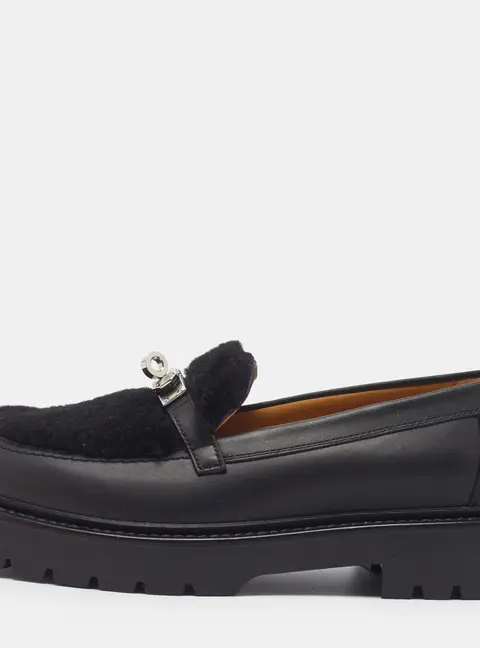 Herm&egrave;s Icone Size 37 Black Leather and Shearling Fur Loafers