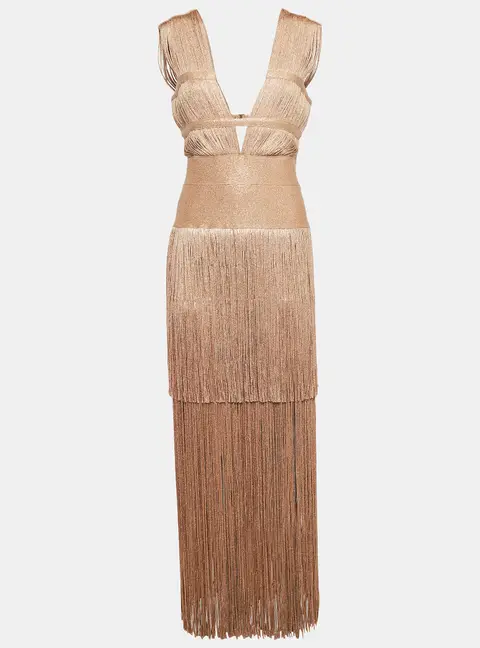 Herve Leger Metallic Lurex Knit Fringed Bodycon Evening Gown M