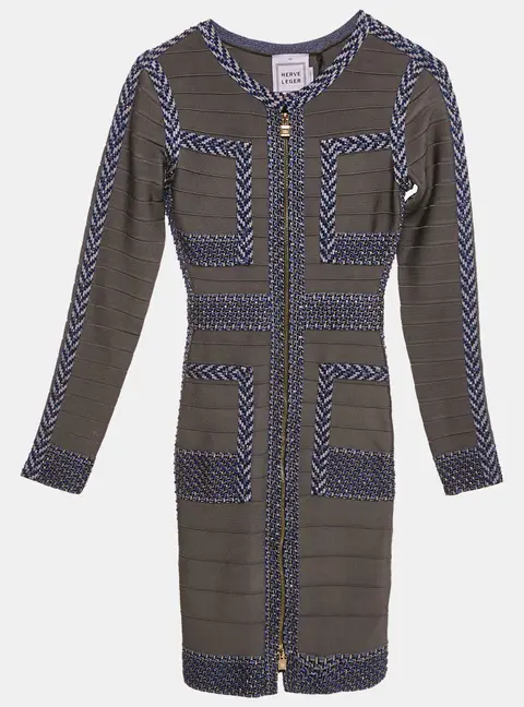 Herve Leger Grey/Blue Beaded Knit Bandage Keslyn Dress XS
