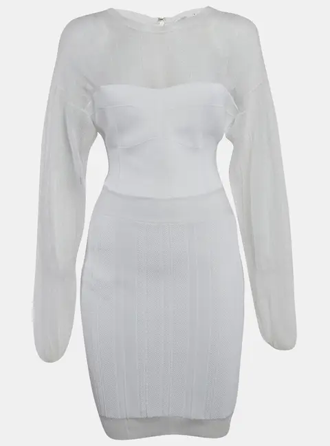 Herve Leger White Jersey Long Sleeve Mini Dress S