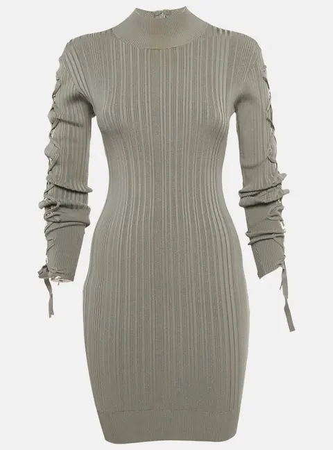 Herve Leger Grey Rib Knit Lace-Up Sleeve Mini Dress XS