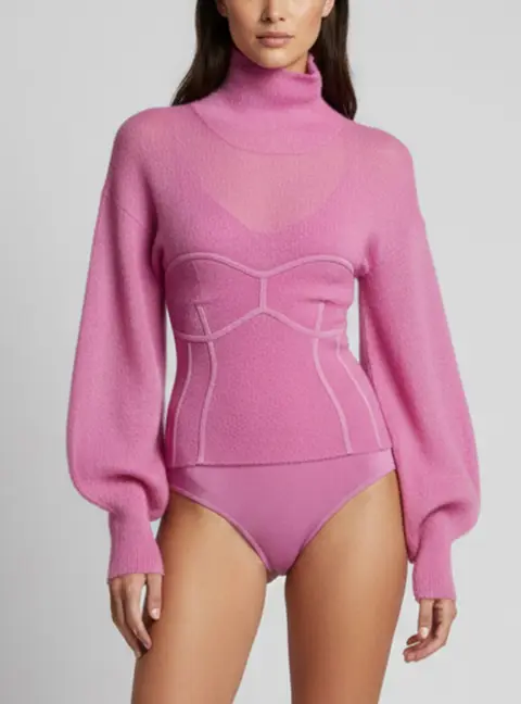 Herve Leger Pink Mohair Paneled Knit Turtleneck Bodysuit Top S