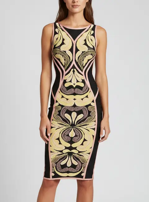 Herve Leger Black Floral Jacquard Knit Bandage Dress XXS