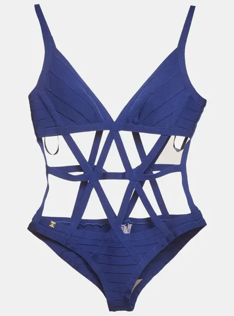 Herve Leger Blue Rib Knit Cutout Bandage One-Piece Swimsuit M