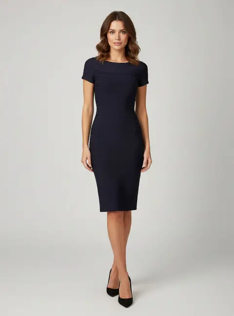 Herve Leger Navy Blue Bandage Knit Short Sleeve Dress S