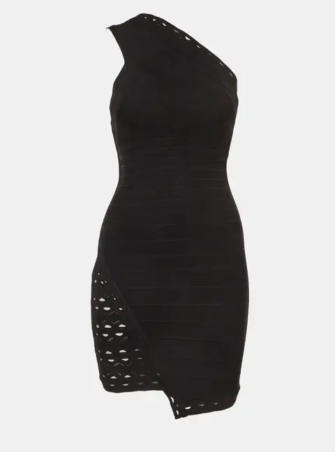 Herve Leger Black Stretch Knit One Shoulder Mini Dress XS