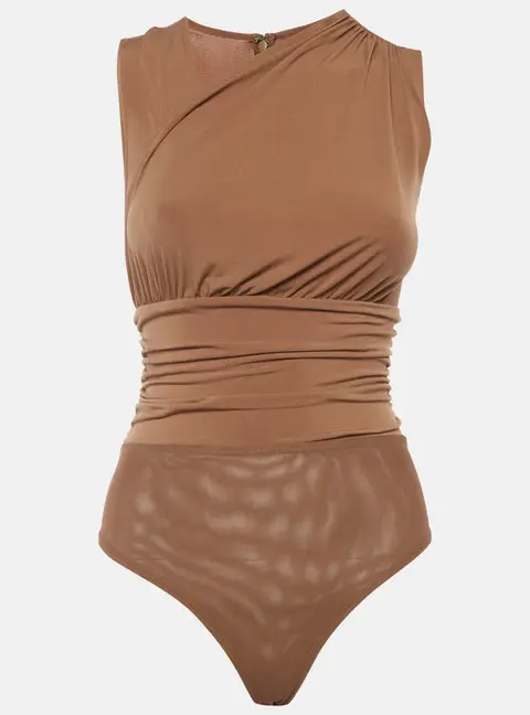 Herve Leger Tan Jersey Knit Ruched Zip Up Bodysuit XXS
