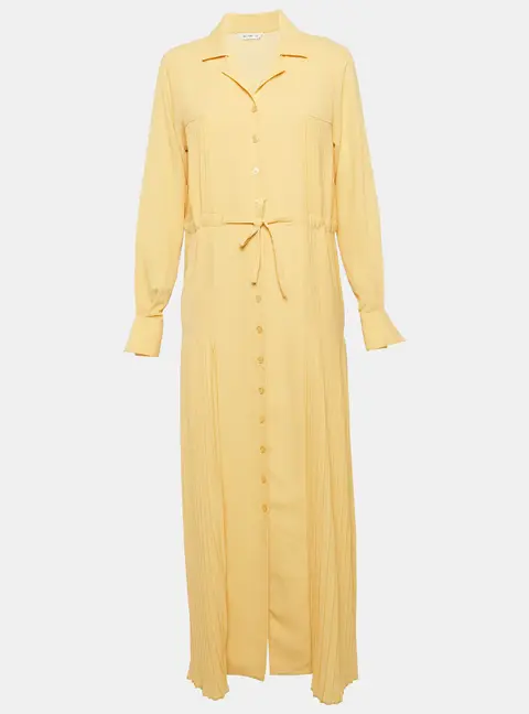 Hozweiler Tyranusaurus Light Yellow Crepe Pleated Button Front Maxi Dress S