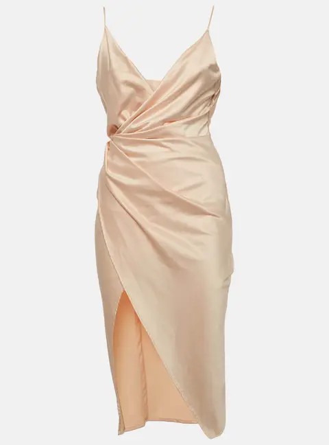 House of CB London Cream Satin Draped Slit Midi Dress S