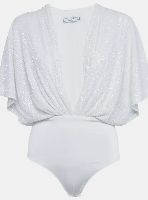 ITMFL White Sequin Plunge Neck Bodysuit XS