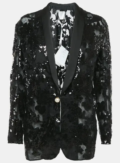 INGIE Paris Black Sequin Embellished Tulle Single Breasted Blazer M
