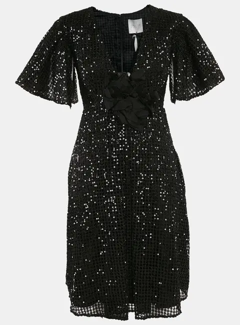 INGIE Paris Black Lace Sequin V-Neck Flared Short Dress M