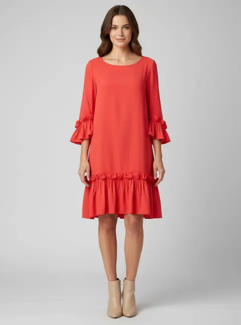 INGIE Paris Coral Pink Crepe Ruffled Knee Length Dress M