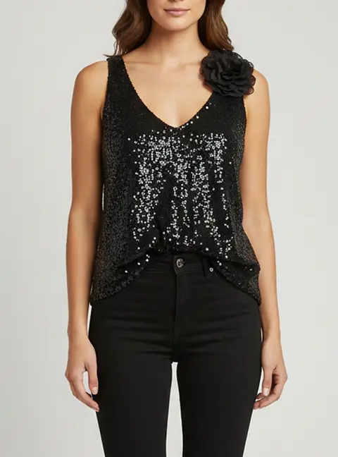 Ingie Paris Black Sequins Embellished Tulle V-Neck Tulpai Top M