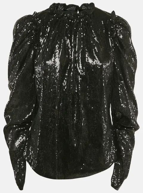 INGIE PARIS Black Sequin Crepe Ruffled Top S