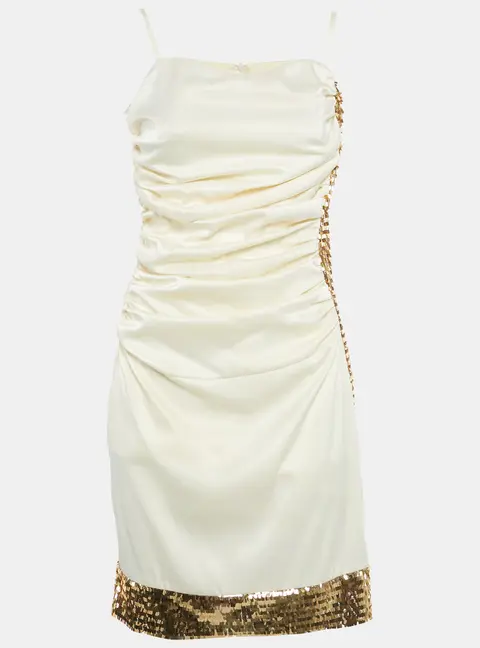 Invito Haute Couture Cream Satin Rushed Sequin Detail Mini Dress S