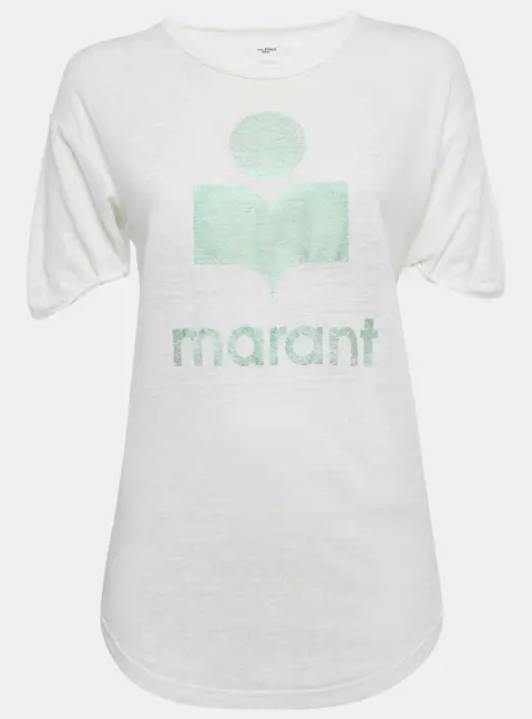 Isabel Marant Etoile White Foil Logo Print Linen Jersey Top S