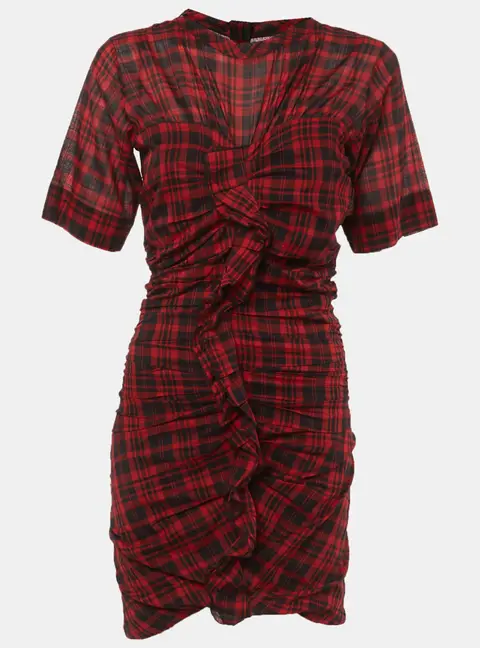 Isabel Marant Etoile Red Plaid Print Cotton Ruched Mini Dress M