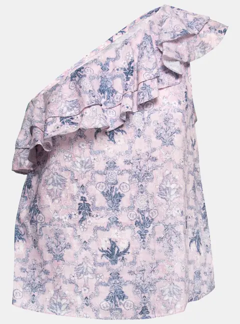 Isabel Marant Etoile Pink Printed Linen One-Shoulder Ruffled Top L