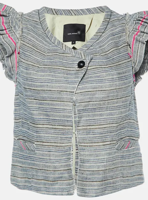 Isabel Marant Grey Stripe Linen Flutter Sleeve Crop Top XS