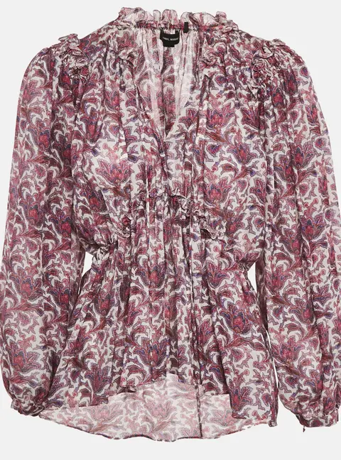 Isabel Marant Purple Printed Silk Ruffle Detail Top S