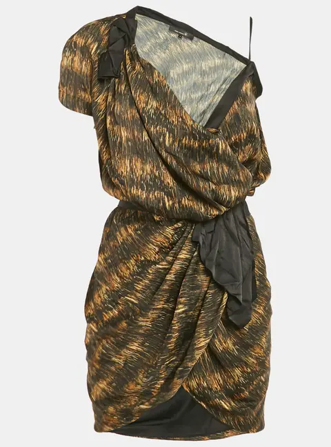 Isabel Marant Black Printed Satin Asymmetric Wrap Mini Dress XS