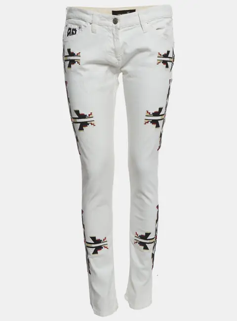 Isabel Marant White Geometric Embroidered Denim Slim Fit Jeans L/Waist 32"