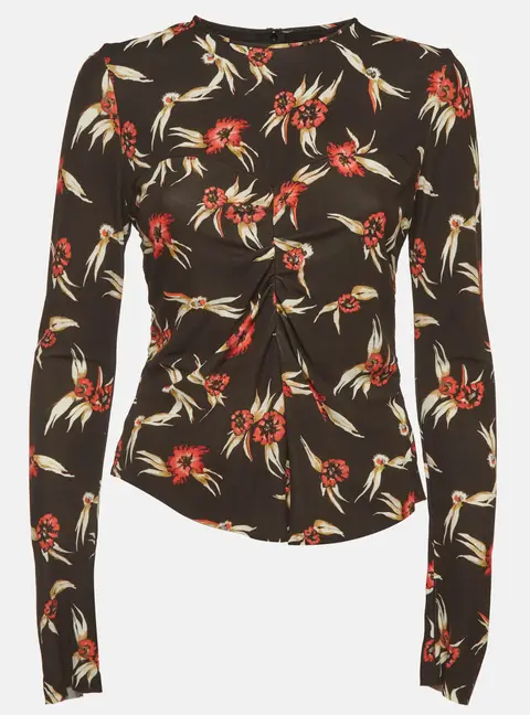 Isabel Marant Brown Floral Print Jersey Ruched Long Sleeve Top L