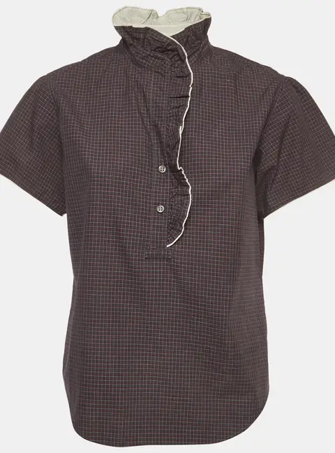 Isabel Marant Grey/Red Check Print Cotton Ruffled Jen Blouse M