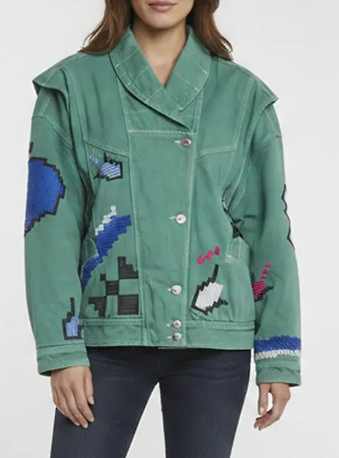 Isabel Marant Sage Green Embroidered Denim Convertible Erial Jacket M
