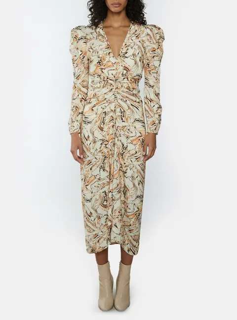 Isabel Marant Marble Print Ruched Silk Crepe Albini Midi Dress S