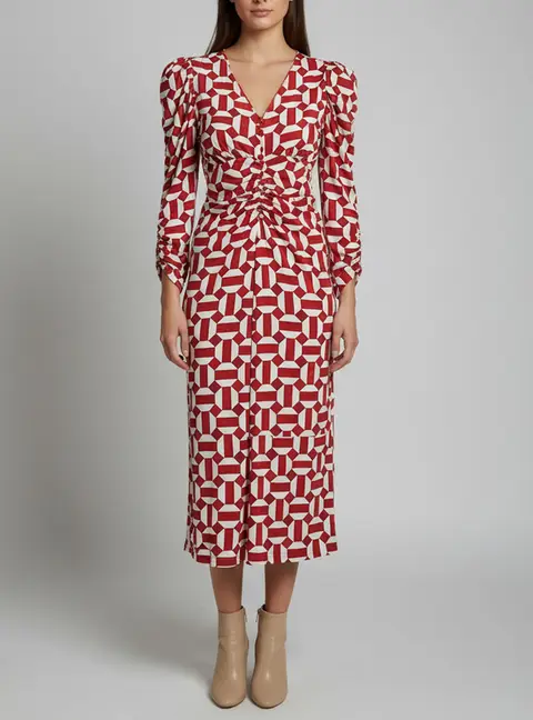 Isabel Marant Red/White Geometric Print Crepe Ruched Albi Midi Dress S
