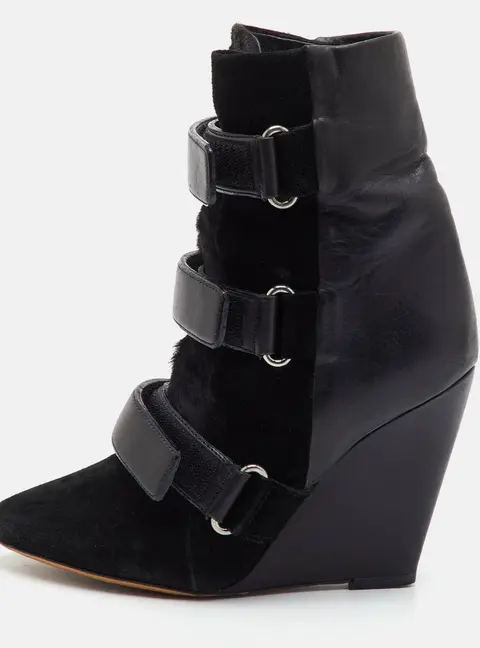 Isabel Marant Scarlet Size 37 Black Calf Hair, Leather and Suede Wedge Ankle Length Boots