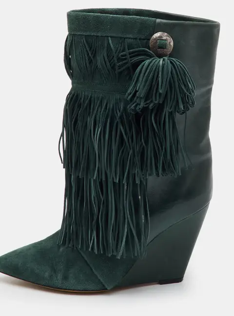 Isabel Marant Jacob Size 39 Green Leather and Suede Fringed Wedge Boots