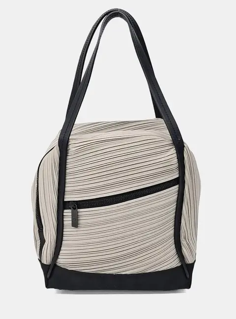 Issey Miyake Beige Black Nylon Pleats Pleats Tote Bag