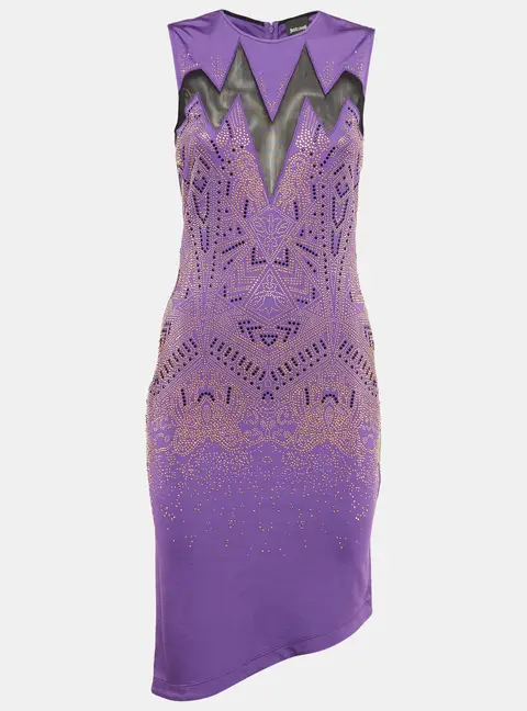 Just Cavalli Purple Studded Mesh Trim Jersey Asymmetric Dress S