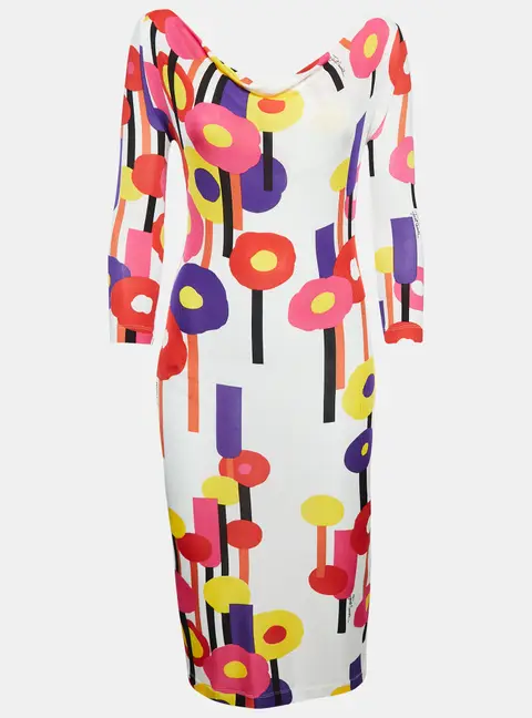 Just Cavalli White Floral Print Stretch Knit Midi Dress S