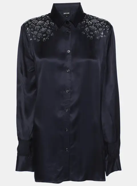 Just Cavalli Navy Blue Viscose Embellished Button Front Shirt M