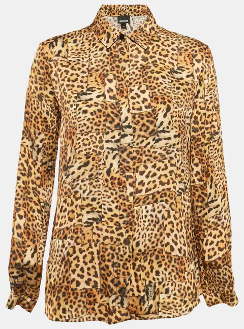 Just Cavalli Brown Satin Leopard Print Button Front Shirt S