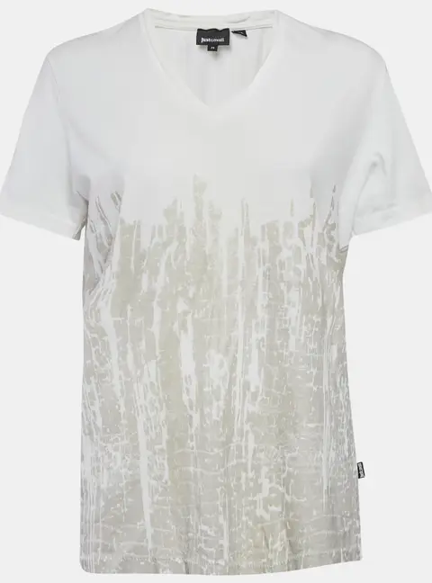 Just Cavalli Off White Printed Cotton Blend V- Neck T-Shirt M
