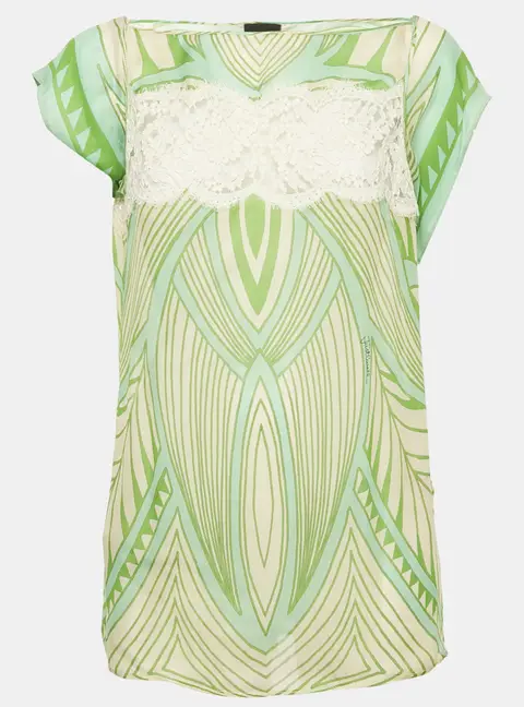 Just Cavalli Green Printed Lace Trim Silk Top L