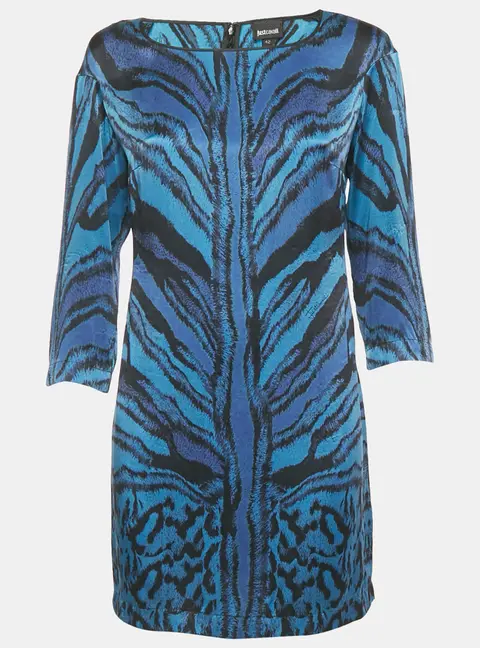 Just Cavalli Blue Animal Print Silk Long Sleeve Mini Dress M