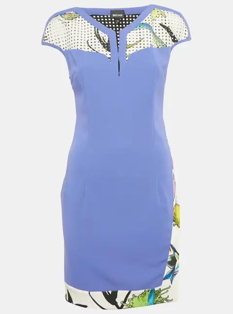 Just Cavalli Purple Floral Print Crepe Perforated Detail Mini Dress S