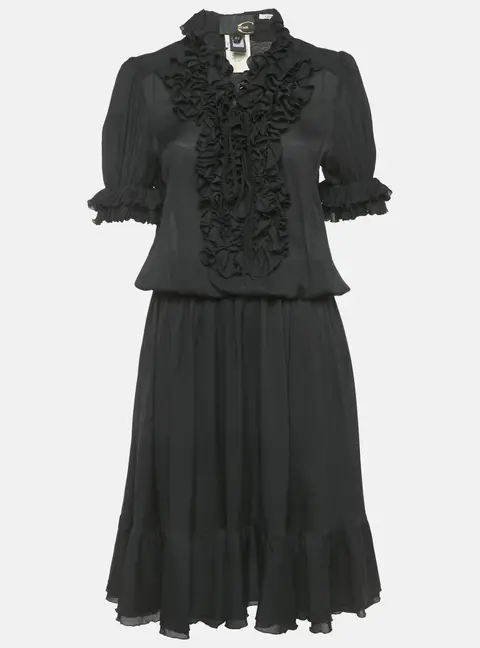 Just Cavalli Black Crepe Frill Detail Sheer Midi Dress M