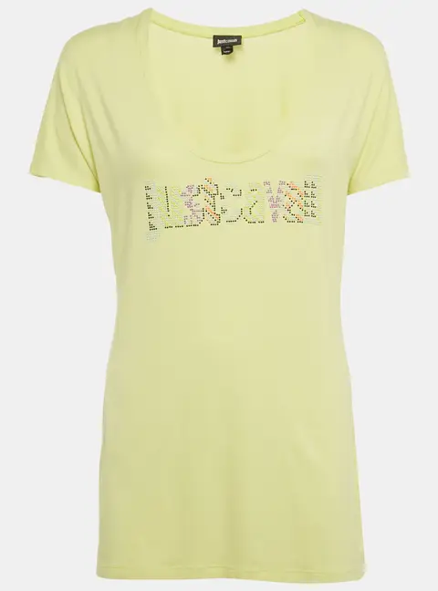 Just Cavalli Lime Green Logo Embellished Jersey Round Neck T-Shirt XL
