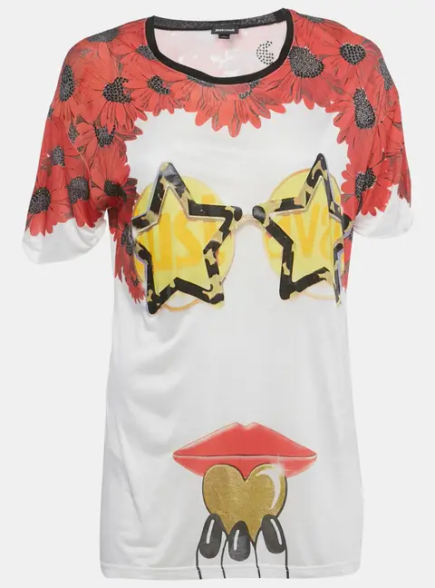 Just Cavalli White Printed Embellished Jersey T-Shirt M