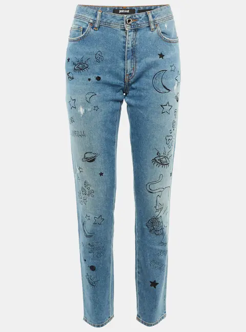 Just Cavalli Blue Doodle Print Denim Slim Fit Jeans M/Waist 30"