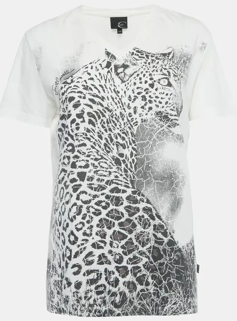 Just Cavalli White Printed Cotton Distressed V-Neck T-Shirt L